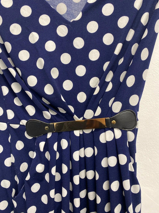 Lovely mela London navy polka dot mini dress with gold belt detail UK 10 JA002
