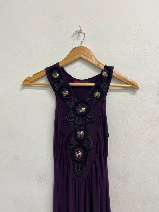 Stunning gossip purple maxi front jewel pattern Halterneck dress UK 14 JB005