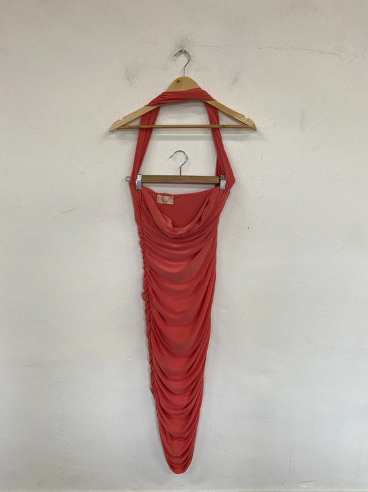 Club L London Fabulous Coral Halterneck Ruched Midi Dress UK 10 LK009