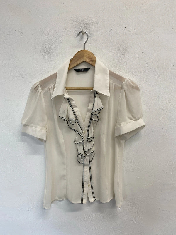 Stunning F&F cream semi sheer black frill blouse UK 10 KA001