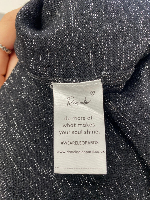 Stunning dancing leopard black metallic yarn long sleeve midi dress plat UK 10 KS002