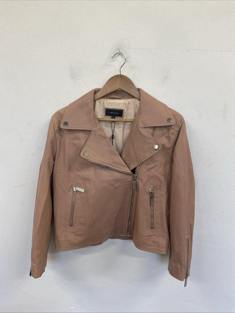 Karen Millen Blush Pink Crop Leather Biker Jacket NWT UK 16 AO001