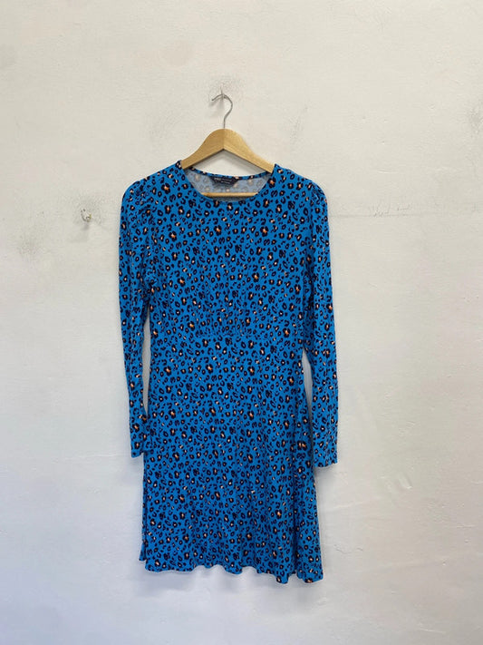 Stunning M&s blue leopard long sleeve midi dress UK 10 JM005