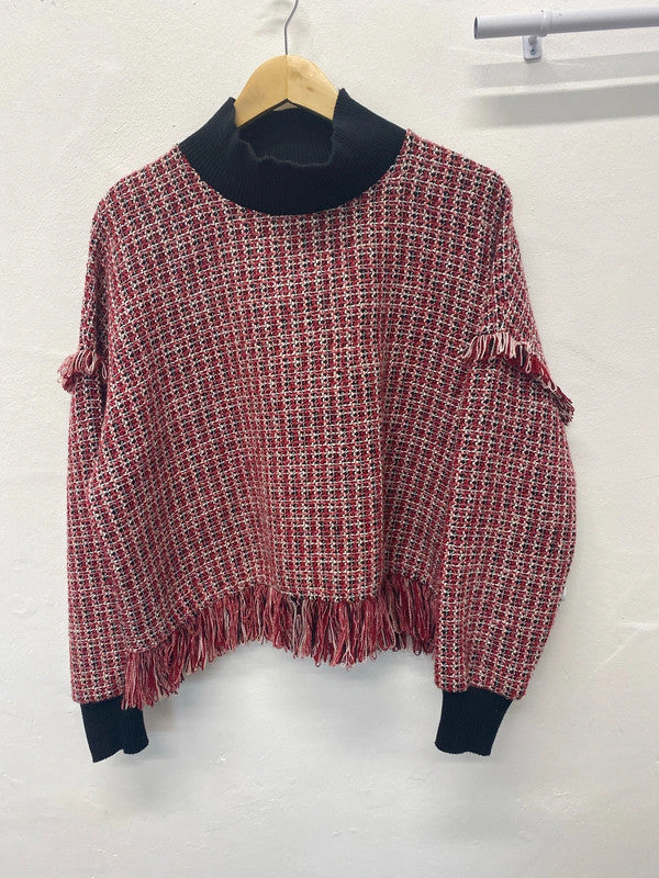 Fabulous Zara Boucle detail fringed high neck swing jumper UkM JB001