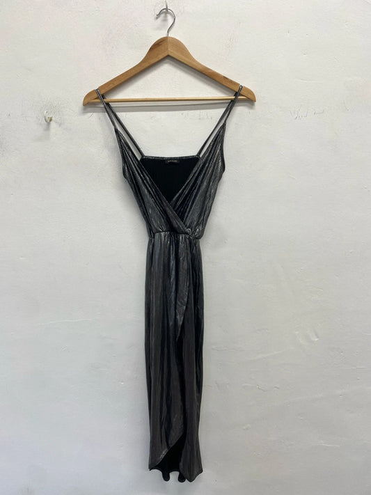 Stunning river island metallic silver split hem low neck dress UK S KM004
