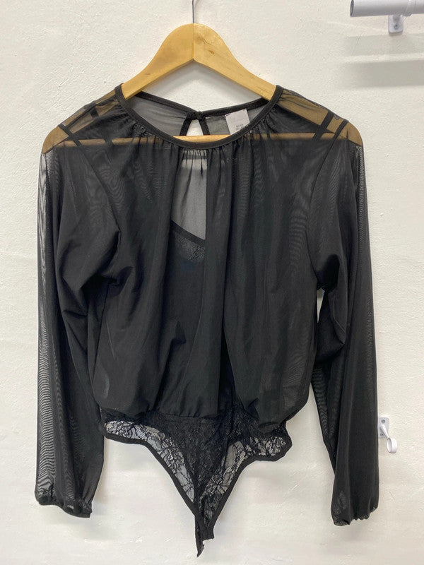 Fabulous semi sheer bodysuit lace with sheer overlay Uk12 JB001