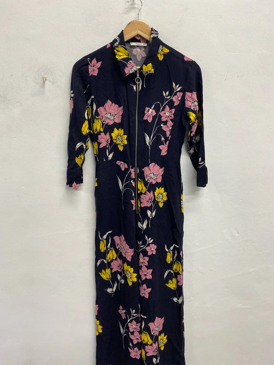 Lovely mango jumpsuit navy floral zip up UK S NS003
