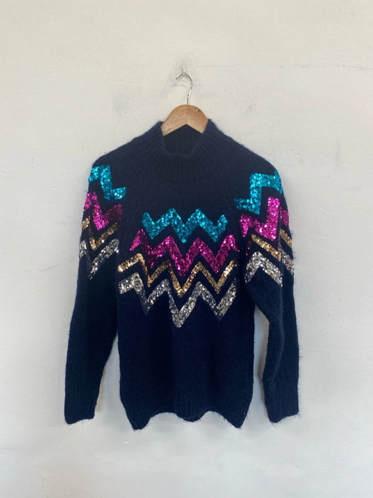Khost Fabulous Navy Colourful Zigzag Sequin Jumper Size S JP001
