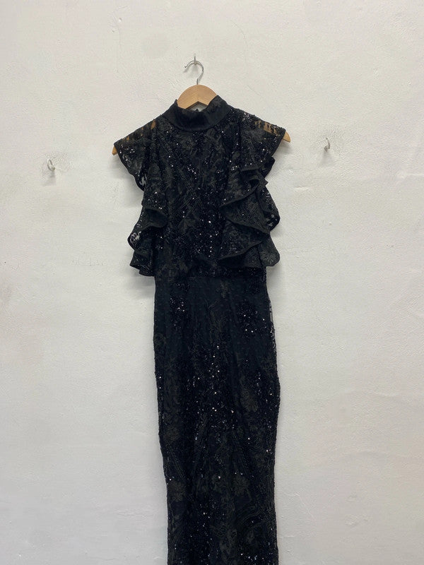Lovely river island black sequin frill dress formal UK S KM004