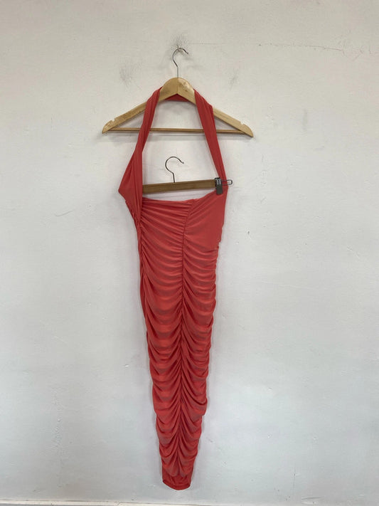 Club L London Fabulous Coral Halterneck Ruched Midi Dress UK 10 LK009