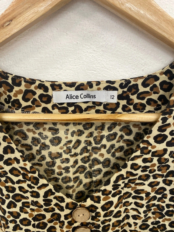 Alice Collins Stylish Leopard Print Linen Cotton Smock Dress UK 12 LW005