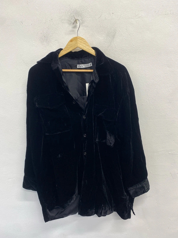 Lovely Zara black velvet look shirt shacket uk m-l AO001
