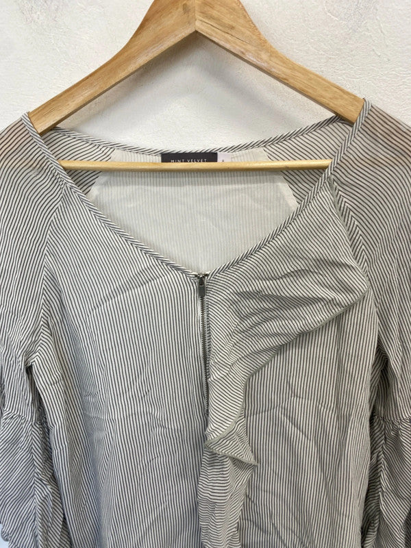 Lovely mint velvet grey striped frill semi sheer blouse UK 8 AG005