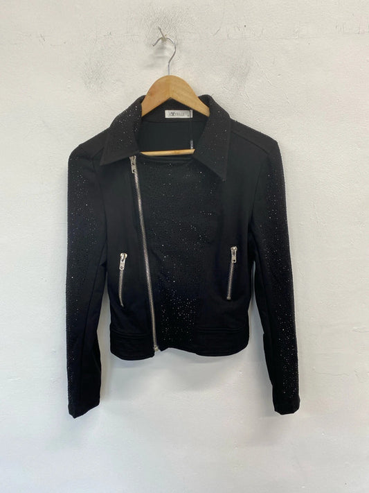 Lovely Moda for eve paris etelle black diamanté biker jacket UK M LL003