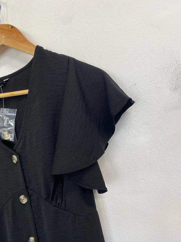 Lovely Matalan button up black frill short sleeve maxi dress UK 12 AO001