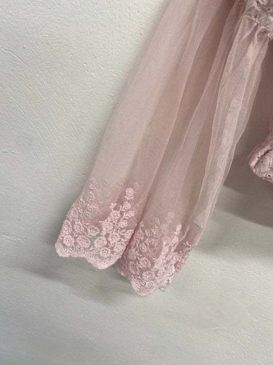 Fabulous river island fairytale pink lace sheer sleeve bardot top with tie neck UK S KM004