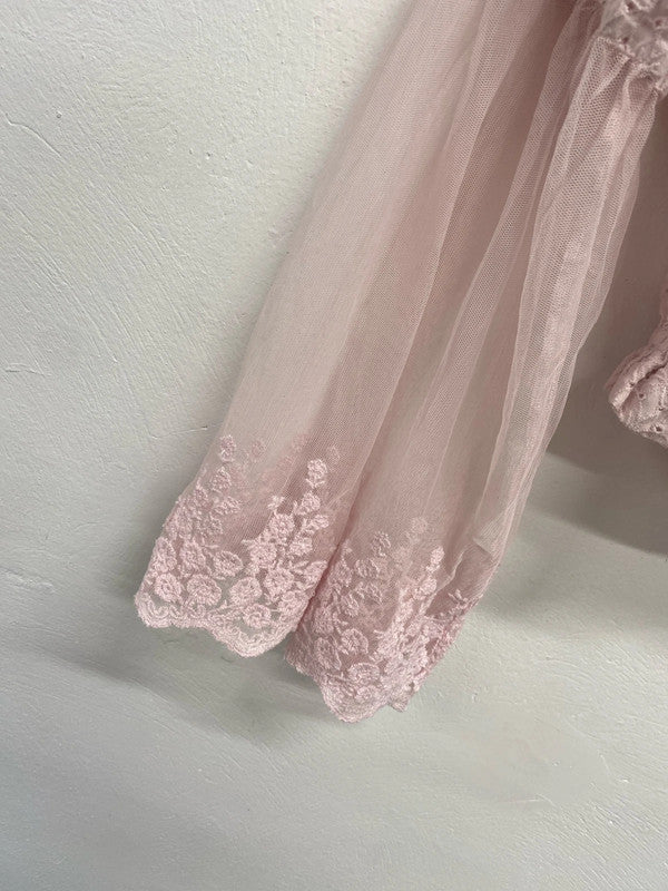 Fabulous river island fairytale pink lace sheer sleeve bardot top with tie neck UK S KM004