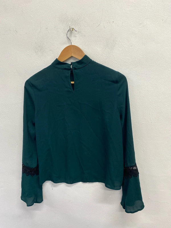 Lovely river island dark green black lace detail blouse UK S KM004