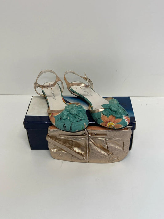 Laceys & M&S Fabulous Turquoise Floral Flats & Matching Clutch UK 4 AT001