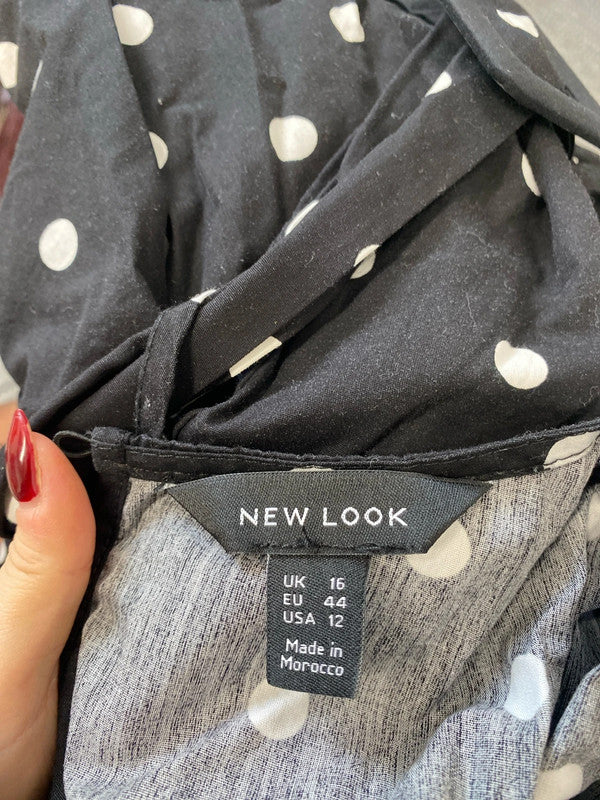 Gorgeous black spotted belted midi smock dress new look UK 16 LB010