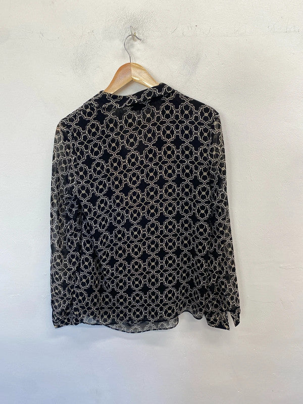 Lovely episode black white pattern semi sheer blouse UK S AG005