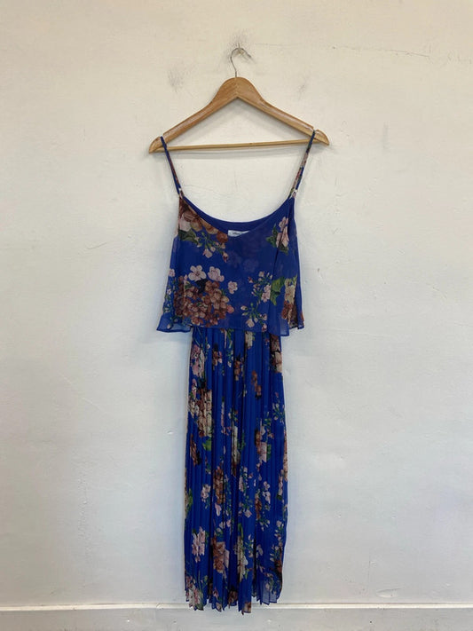 Urban Touch Stunning Blue Botanical Pattern Chiffon Midi Dress UK 14 GW001