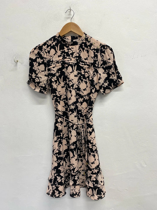 Lovely oasis beige black floral tie waist midi dress UK 8 KM004
