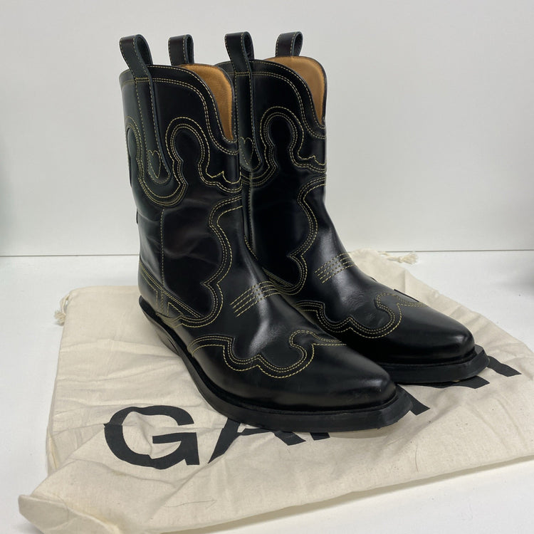 Fabulous Ganni RP £500 Brown Leather Mid Cowboy Boots Sz 40 UK7 CN001
