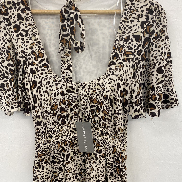 Oliver Bonas Leopard Print Tiered Midi Dress UK 6 NWT SD002