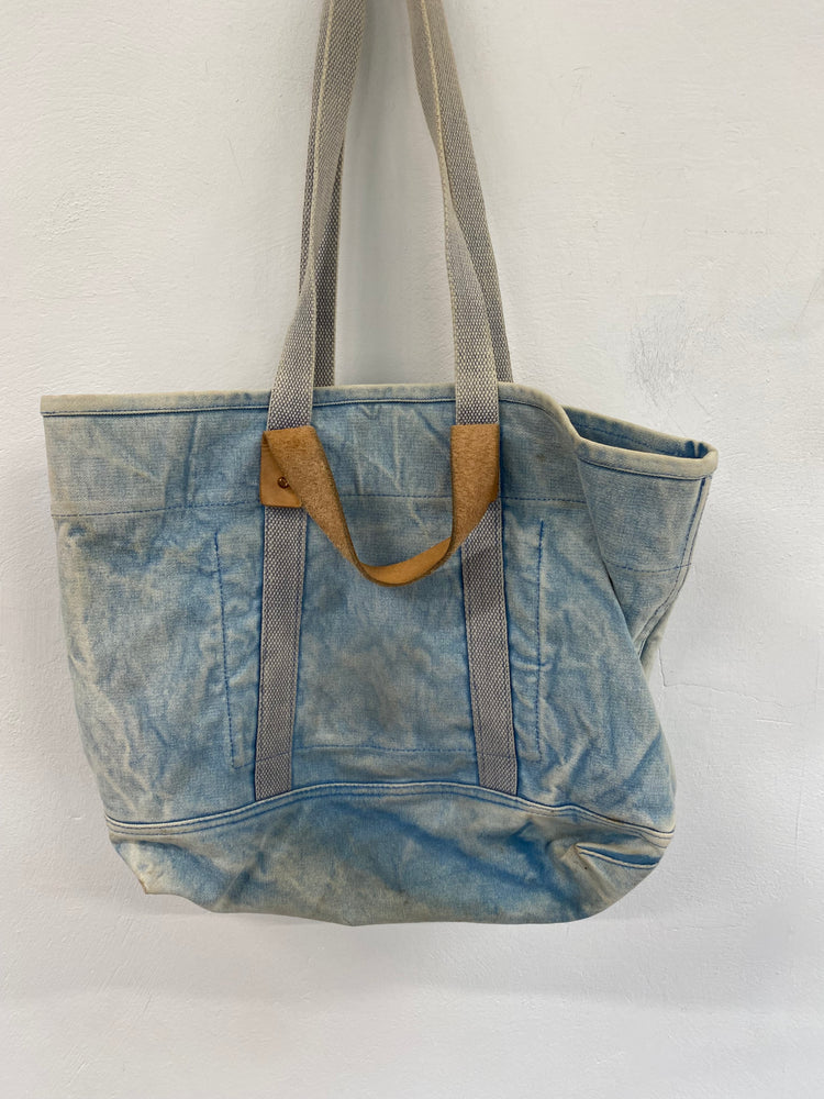 Immodest cotton X Fleabags denim tote east west acid wash denim leather RF001