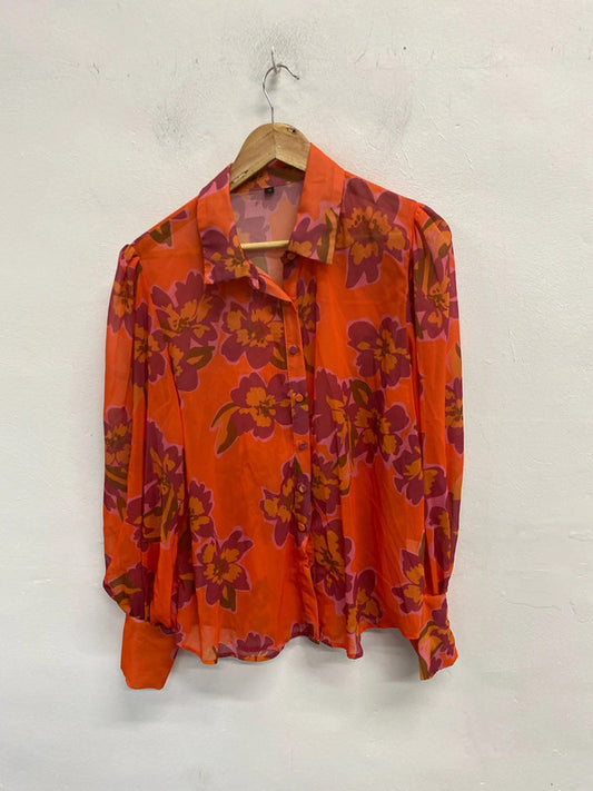 Lovely shein orange pink floral semi sheer blouse UK M JB001