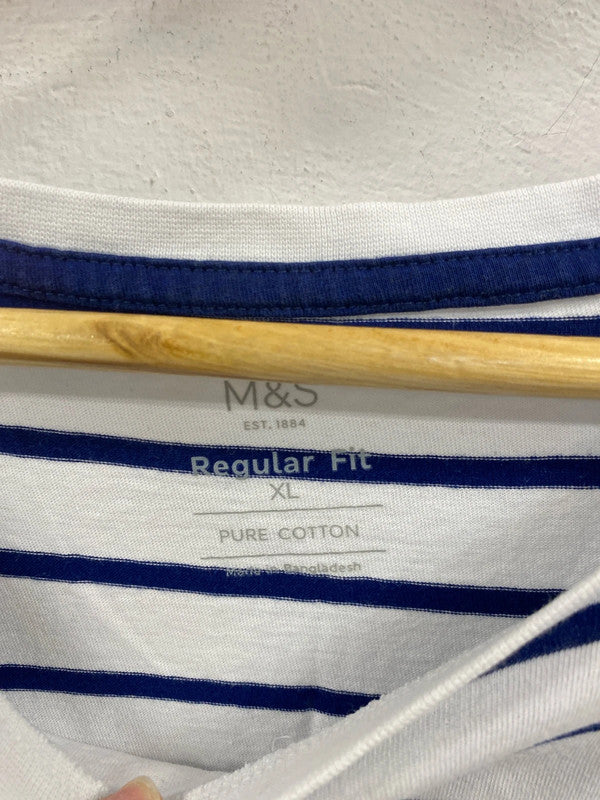 M&S Chic White & Blue Nautical Stripe Shirt Size XL LG004