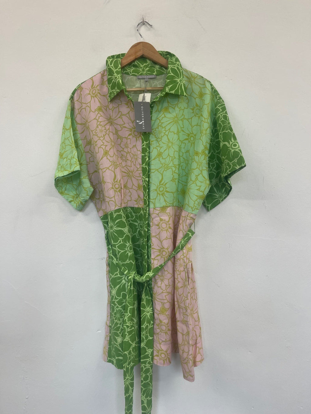 Stunning Oliver Bonas floral mini Dress Uk16 Pink&  Green DM561