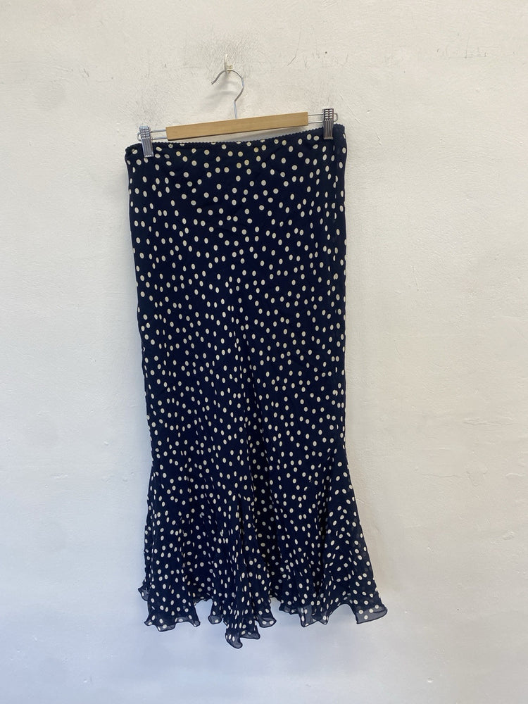 Stunning Hobbs Cream Navy Polka dot Midi Skirt Frill Hem UK 12 LW005