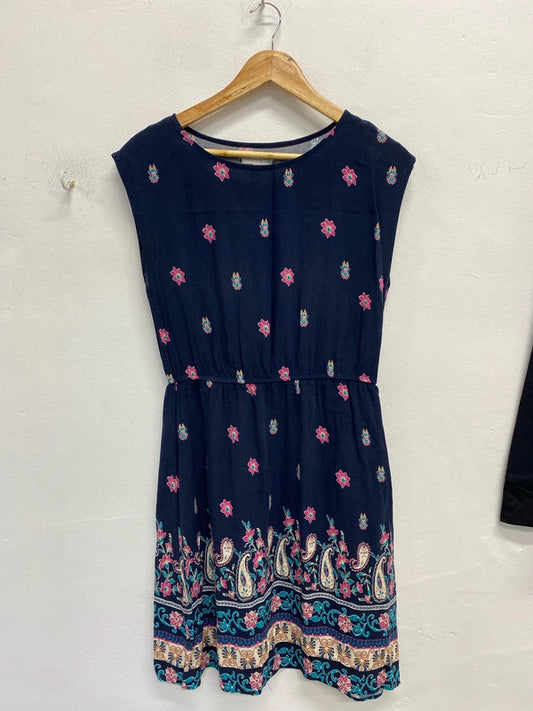 Lovely apricot navy pattern floral pink mini dress UK 10 JA002