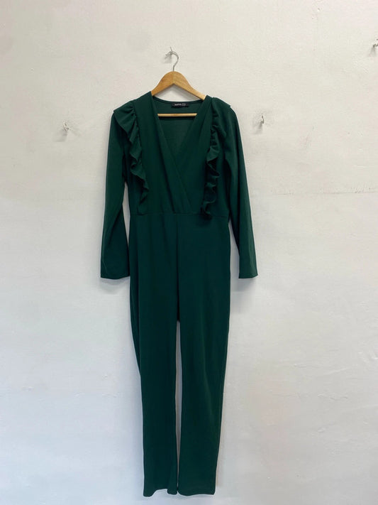 Lovely boohoo Forrest green jumpsuit frill neck UK 14 LB010