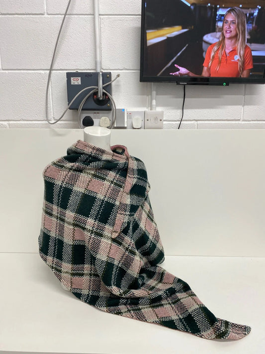 Pom Amsterdam Stylish Green & Pink Tartan Check Knit Shawl JA002
