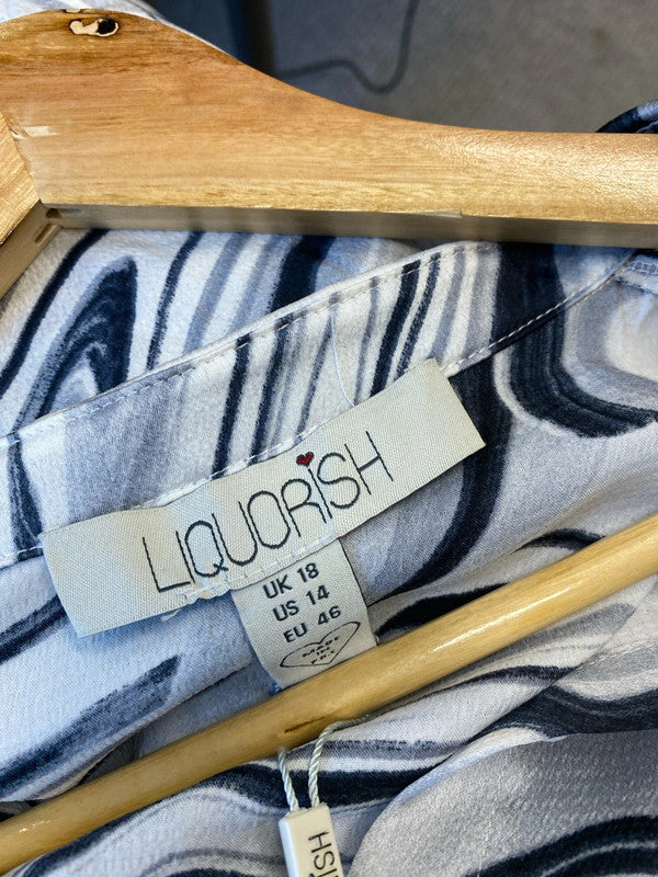 Fabulous Liquorish Black white swirl dress faux wrap Uk18 New LG006