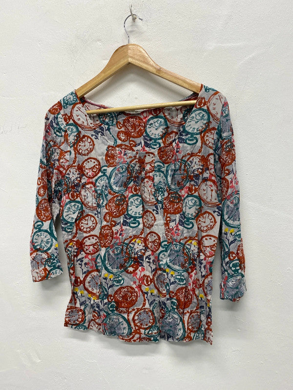 Fabulous White Stuff clock face cotton top Uk12 burnt Orange LD001