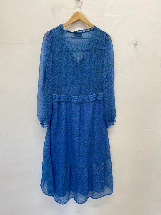 Neo Noir Fabulous Blue & Green Ditsy Floral Chiffon Midi Dress Size L KN003