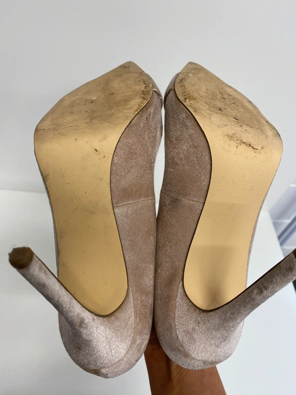 Fabulous River Island blush faux velvet occasion shoes gold buckle UK6 KM004