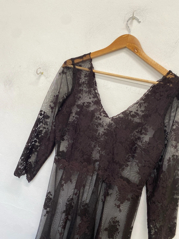 Stunning brown lace sheer sexy dress midi no brand UK L LW005