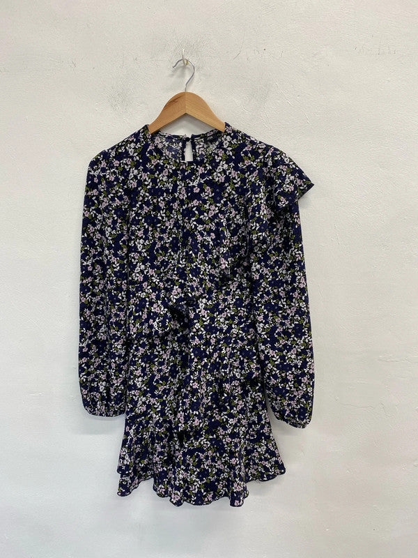 Lovely river island navy white floral frill midi dress UK S KM004