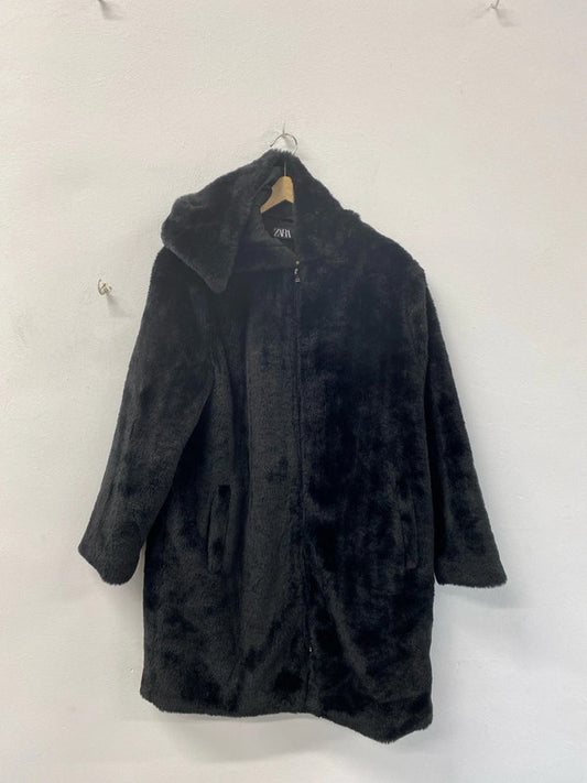 Zara Fabulous Black Faux Fur Coat Size M KS002