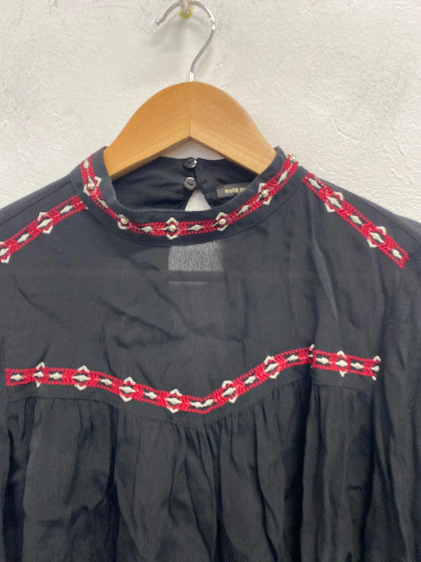 Lovely river island black semi sheer blouse red pattern UK S KM004