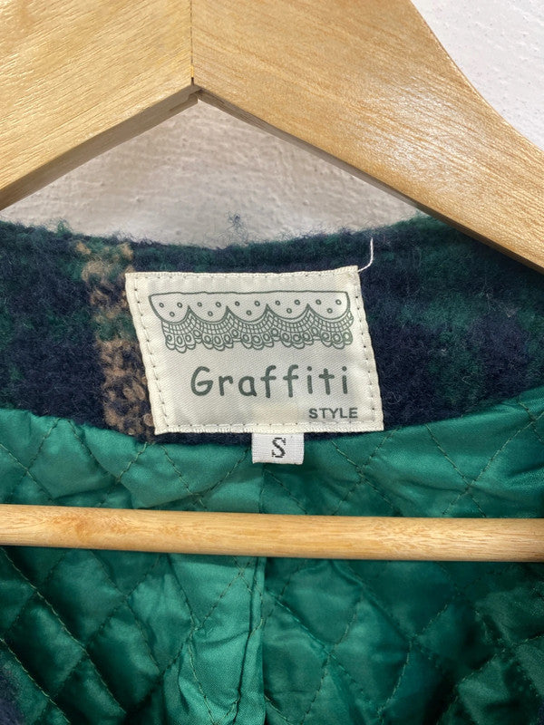 Graffiti Style Elegant Green Tartan Check Fleece Jacket Size S MS002