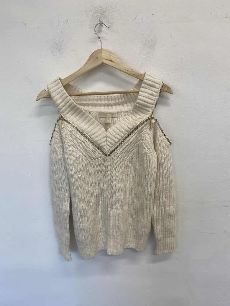Lovely Michael Kors Cream Ribbed Zip Off The Shoulder Top UK XS JM008