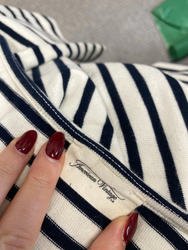 Stunning American vintage striped black cream midi dress UK M MM005