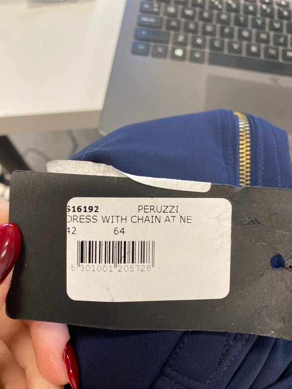 Gorgeous leruggi new navy drape shoulder midi dress UK 14 AE001