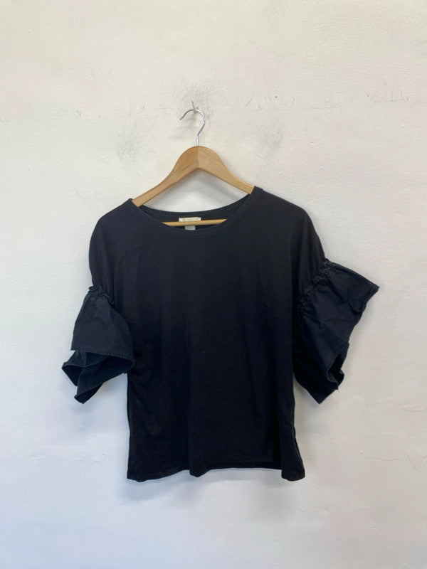 Lovely H&M black frill sleeve t shirt UK M JB001